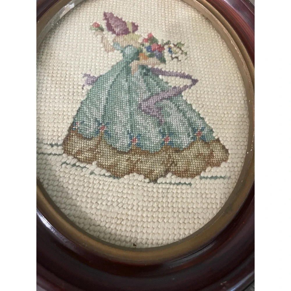 Antique Oval Picture Frame  Needlepoint Petit Point Victorian Woman Gallery Wall